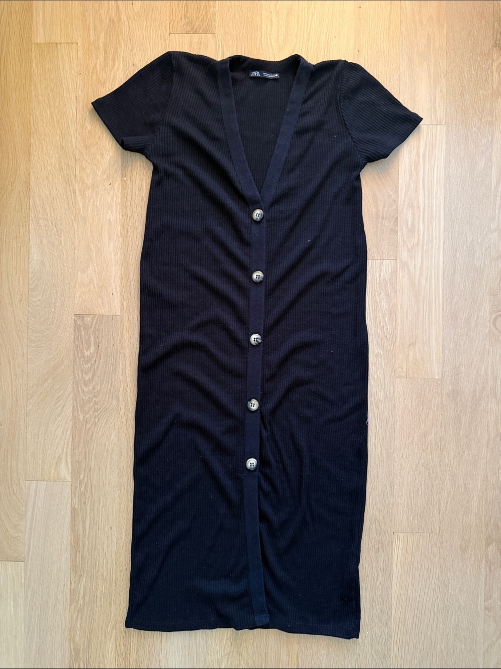 Zara Black Ribbed Midi Dress with Buttons